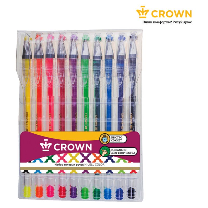 Набор гелевых ручек Crown Hi-Jell Color 10шт., 10цв., 0,5мм, ПВХ уп., европодвес