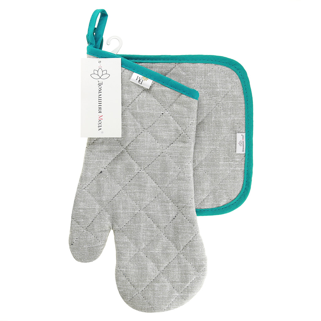 Кухонный комплект "Лен серый": прихватка-варежка 15х30см + прихватка 20х20см, рогожка 171г/м2, хлопок 100%, наполнитель - ватин 280г/м2, на пластмассовом подвесе, "Домашняя мода" (Россия)