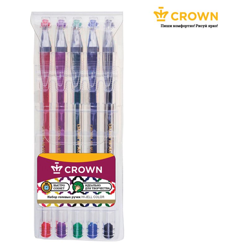 Набор гелевых ручек Crown Hi-Jell Color 5шт., 5цв., 0,5мм, ПВХ уп., европодвес