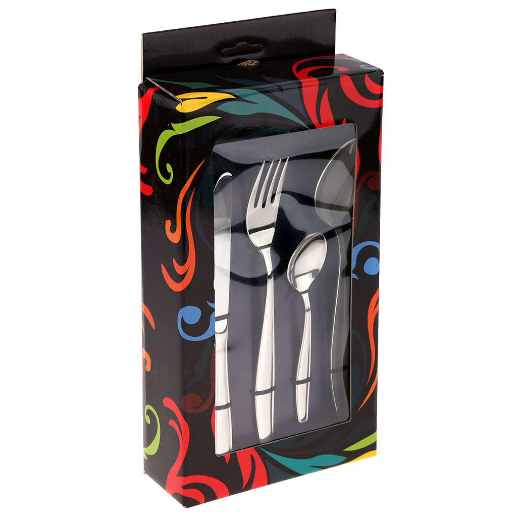 Набор столовых приборов "Этикет" 24 предметов: вилка столовая - 6шт, ложка столовая - 6шт, нож столовый - 6шт, ложка чайная - 6шт, нержавеющая сталь 18/10, 18/0, ГОСТ Р 51687-2000, 2,5мм, картонная коробка "витрина" (Россия)