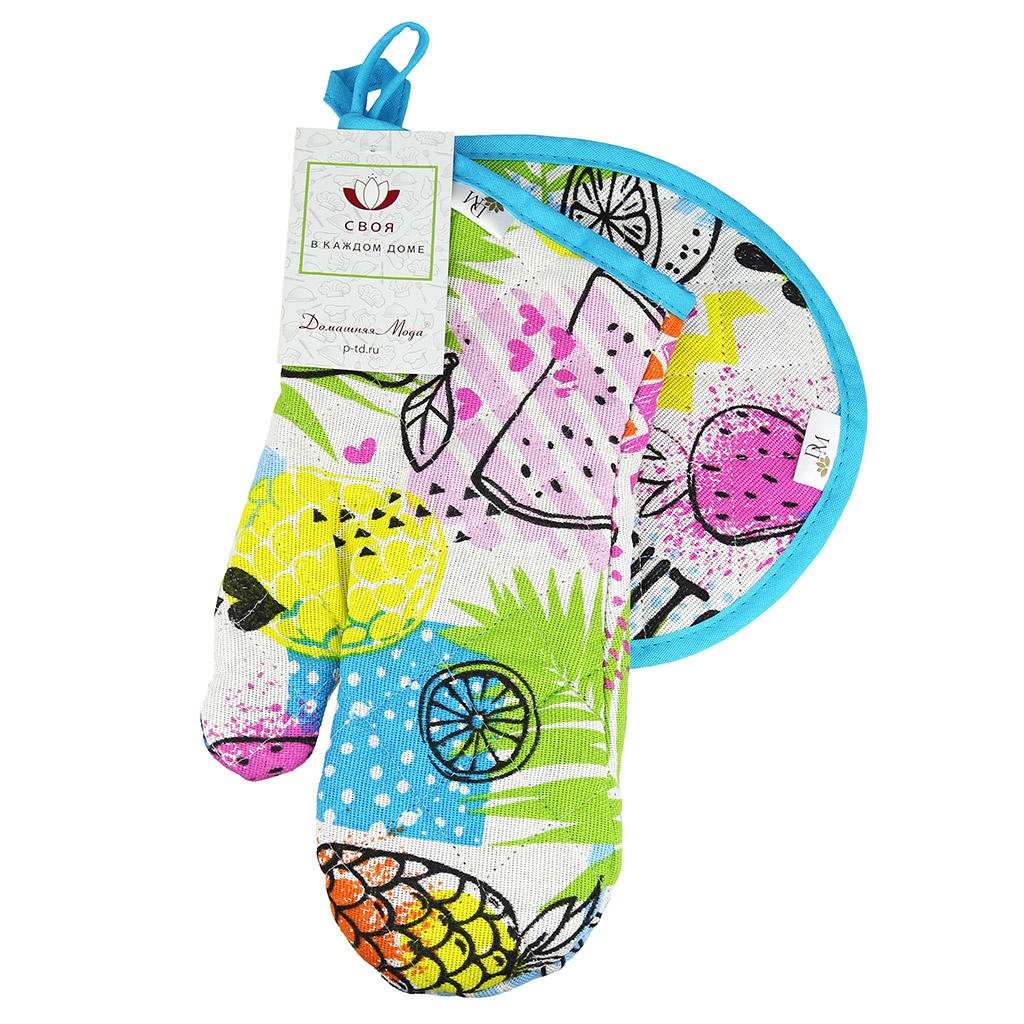 Кухонный комплект "ФрешФут б/з": прихватка-варежка 15х30см + прихватка 20х25см форма "Капелька", рогожка 171г/м2, хлопок 100%, наполнитель - ватин 280г/м2, на пластмассовом подвесе, "Домашняя мода" (Р