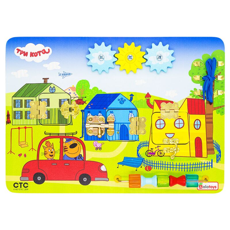 Игрушка "Бизиборд "Три кота. "Где живут коты?" 35х25х3см, развивающая, МДФ, ЛХДФ, фанера, пластик, металл, текстиль, в коробке (Россия)
