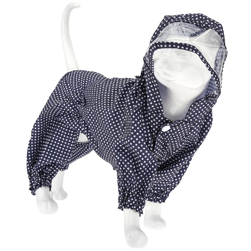 Одежда для собаки Pet toys "Комбинезон" "Горошек" с капюшоном, прозрачный ПВХ козырек, на кнопках р-р M, длина спинки 26см/обхват груди 38см/обхват шеи 30см, цвет-темно-синий, плащевка (Китай)