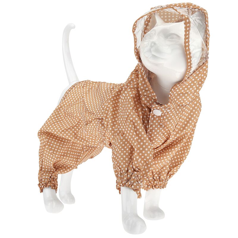 Одежда для собаки Pet toys "Комбинезон" "Горошек" с капюшоном, прозрачный ПВХ козырек, на кнопках р-р L, длина спинки 30см/обхват груди 42см/обхват шеи 36см, цвет-темно-бежевый, плащевка (Китай)
