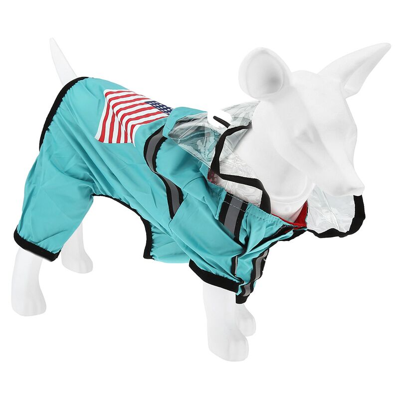 Одежда для собаки Pet toys "Комбинезон" "The dog face" прозрачный ПВХ капюшон, с принтом, на липучке, светоотражающие полоски, р-р M, длина спинки 29см/обхват груди 48см/обхват шеи 34см, цвет-бирюзовый, плащевка (Китай)