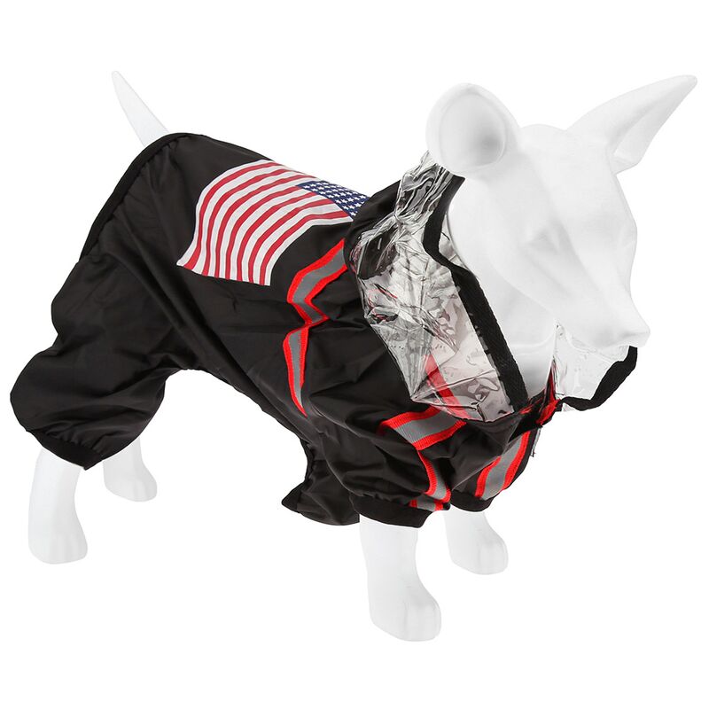 Одежда для собаки Pet toys "Комбинезон" "The dog face" прозрачный ПВХ капюшон, с принтом, на липучке, светоотражающие полоски, р-р 2XL, длина спинки 44см/обхват груди 68см/обхват шеи 42см, цвет-черный, плащевка (Китай)