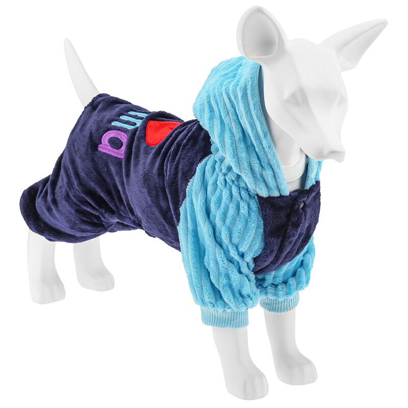 Одежда для собаки Pet toys "Комбинезон" "I ¦ Mama/Papa" с капюшоном, с принтом, на кнопках, р-р M 33-37см, длина спинки 24см/обхват груди 38см/обхват шеи 30см, цвет-синий с голубым, плюш (100% полиэстер) (Китай)