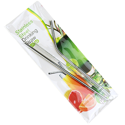 Ложка-трубочка для коктейля из нержавеющей стали, набор 2 штуки: прямая 21,5см, изогнутая 20см + ершик, в упаковке