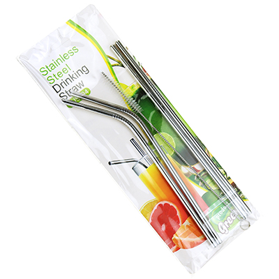 Ложка-трубочка для коктейля из нержавеющей стали, набор 4 штуки: прямая 21,5см - 2 штуки, изогнутая 20см - 2 штуки + ершик, в упаковке