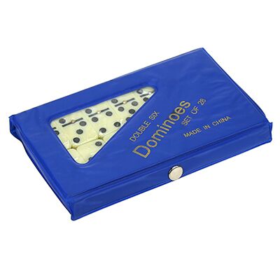 Домино пластмассовое, кость 2х4х0,5см, в п/эт цветной коробке 15х9х1,5см, цвета микс (Китай)