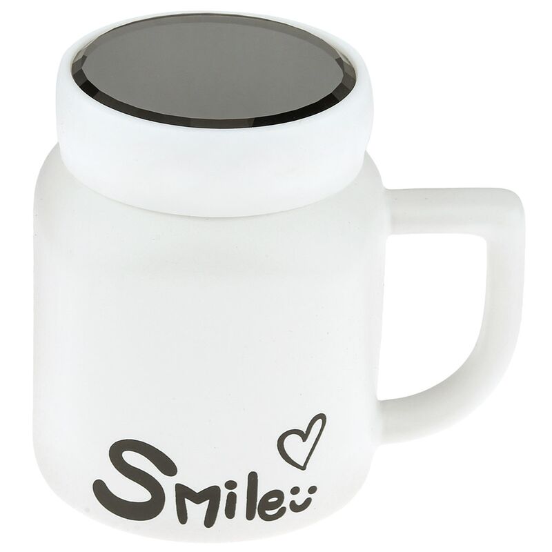 Кружка фарфоровая "Smile" 480мл, 8,7х8,7см h11см, матовая глазурь, с деколью, цвет - белый, пластмассовая, винтовая крышка, герметичная, с силиконовым уплотнителем, д/горла 6,3см, д/основания 6см, в подарочной коробке (Китай)