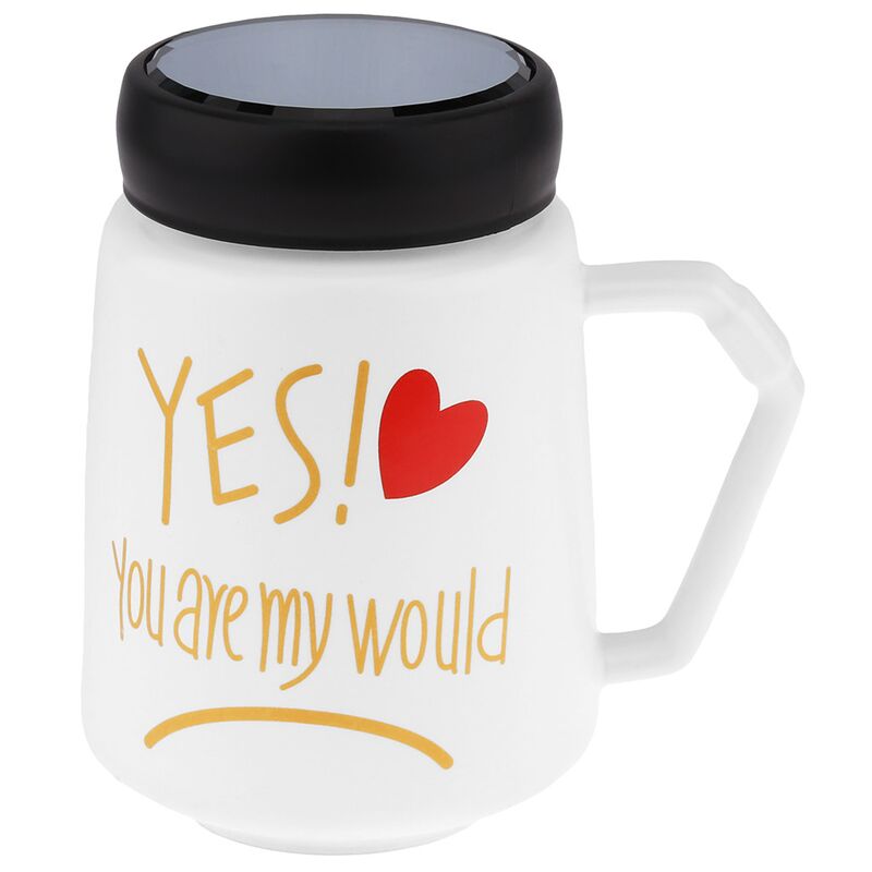 Кружка фарфоровая "Признания" "Yes! You are my would" 600мл, д9,5см h13,3см, матовая глазурь, деколь с золотом, цвет - белый, пластмассовая, винтовая крышка, герметичная, с силиконовым уплотнителем, д/горла 6,6см, д/основания 5,6см, в подарочной коробке (Китай)