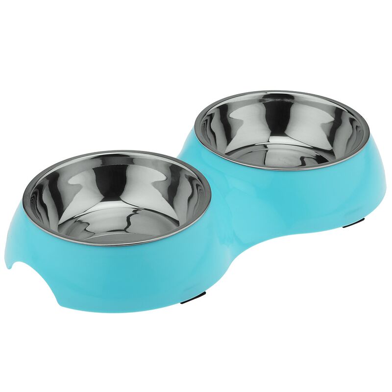Миска для кормления животных Pet toys из нержавеющей стали "Том" 0,4л, д14см h3,9см, 2 штуки на пластмассовой подставке 33х17,4см h4,8см, прорезиненные ножки, цвета в ассортименте: розовый, салатовый, бирюзовый (Китай)