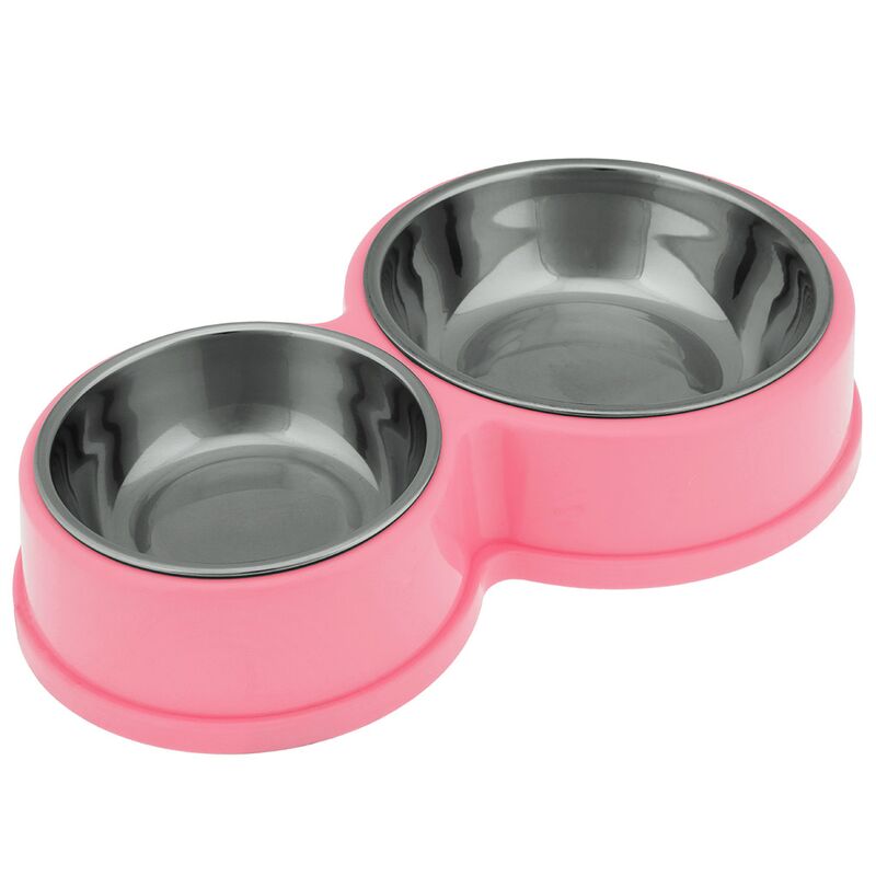 Миска для кормления животных Pet toys из нержавеющей стали "Кузя" 0,2л/0,4л, д10,8см h3,1см/д14см h3,9см, 2 штуки на пластмассовой подставке 27,7х17см h5см, прорезиненные ножки, цвета в ассортименте: розовый, салатовый, бирюзовый (Китай)