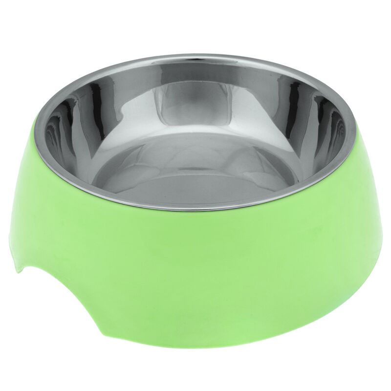 Миска для кормления животных Pet toys из нержавеющей стали "Том" 0,4л, д14см h3,9см, пластмассовая подставка 17х17,4см h5,5см, прорезиненные ножки, цвета в ассортименте: розовый, салатовый, бирюзовый (Китай)