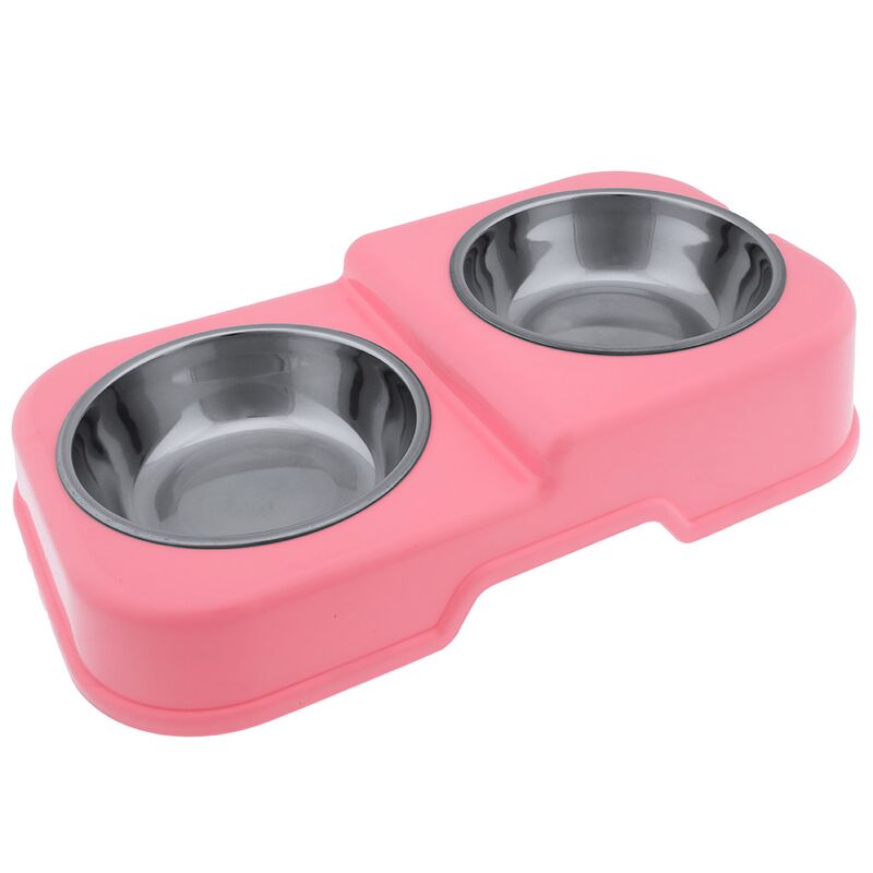 Миска для кормления животных Pet toys из нержавеющей стали "Мурзик" 0,4л, д14см h3,9см, 2 штуки на пластмассовой подставке 35х19,7см h4,8-7см, прорезиненные ножки, цвета в ассортименте: розовый, салатовый, бирюзовый (Китай)