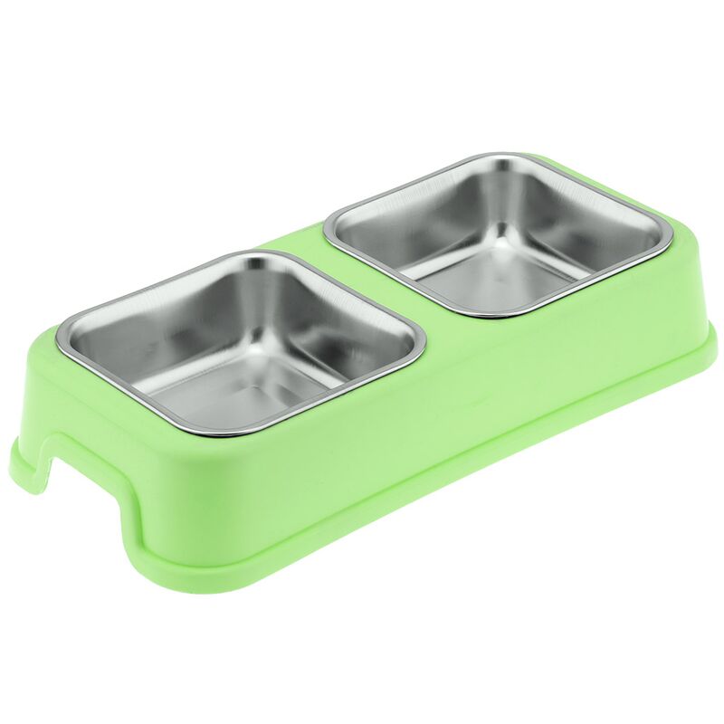 Миска для кормления животных Pet toys из нержавеющей стали "Макс" 0,35л, 11,5х11,5см h3,9см, 2 штуки на пластмассовой подставке 29х13,5см h5,5см, прорезиненные ножки, цвета в ассортименте: розовый, салатовый, бирюзовый (Китай)