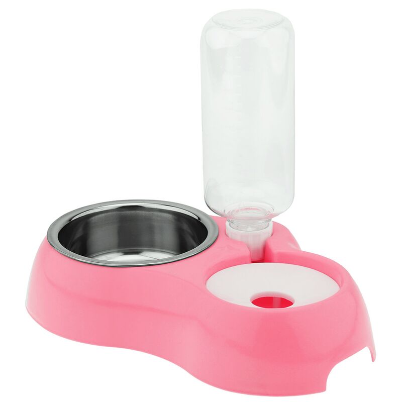 Миска для кормления животных Pet toys пластмассовая 0,18/0,45л 27,5х18см h22,5см, двойная, с автопоилкой 0,5л, миска-вставка из нержавеющей стали 0,4л д12,8см h4,7см, прорезиненные ножки, цвета в ассортименте: розовый, салатовый, бирюзовый (Китай)