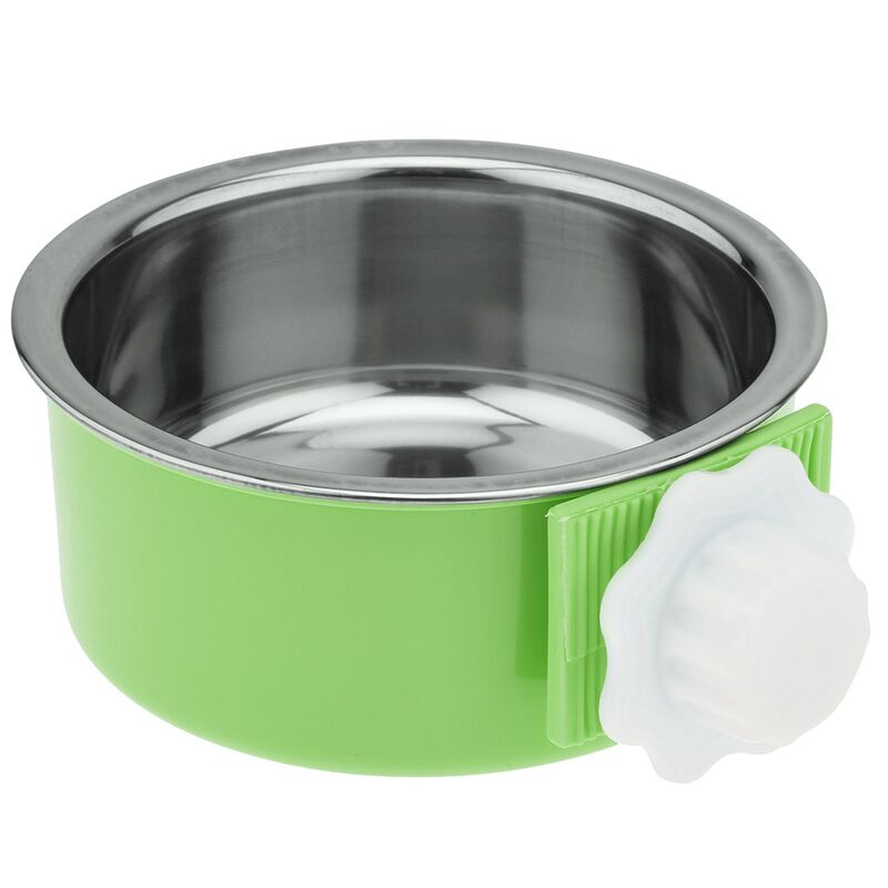 Миска для кормления животных Pet toys из нержавеющей стали "Алекс" 0,4л, д12,8см h4,7см, пластмассовая подвесная подставка 12,5х15см h5,5см, цвета в ассортименте: розовый, салатовый, бирюзовый (Китай)