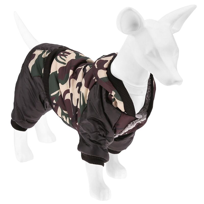 Одежда для собаки Pet toys "Комбинезон на меху" с капюшоном, на кнопках, 2 кармана, р-р S, длина спинки 26см/обхват груди 28см/обхват шеи 26см, цвет-милитари зеленый, плащевка/синтепон/искусственный мех (100% полиэстер) (Китай)