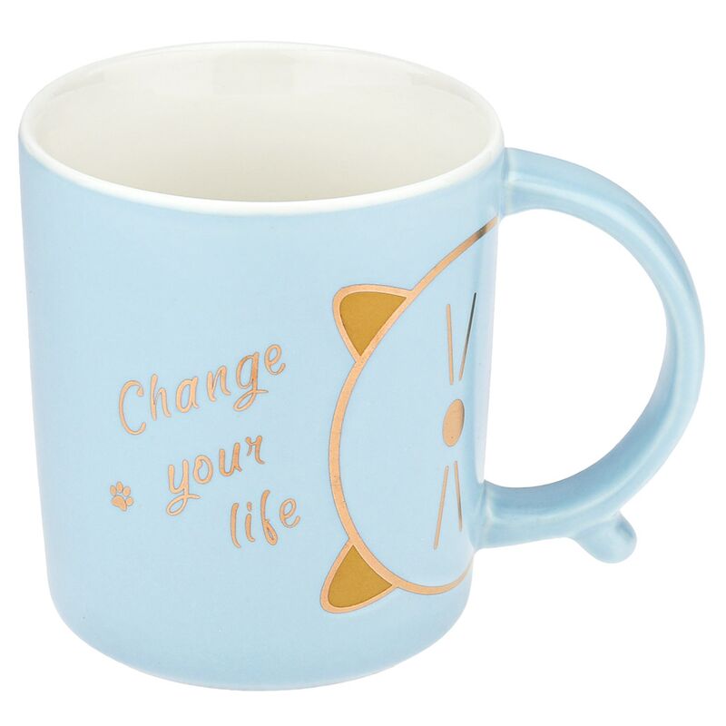 Кружка фарфоровая "Change your life" 400мл, д8,6см h10см, матовая глазурь, деколь с золотом, цвет - светло-голубой, д/горла 8,5см, д/основания 6,7см, в подарочной коробке (Китай)