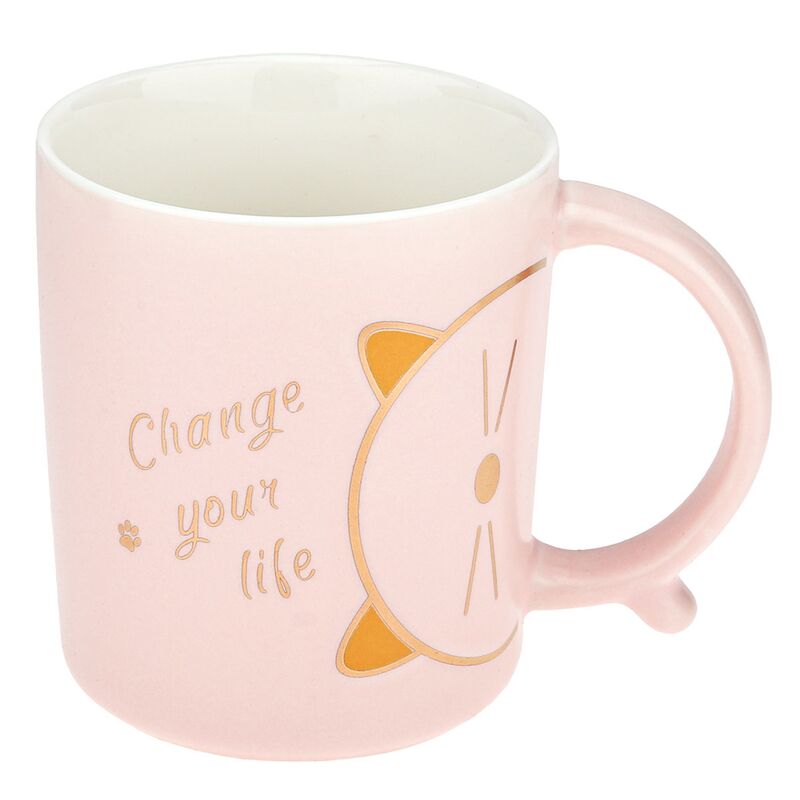 Кружка фарфоровая "Change your life" 400мл, д8,6см h10см, матовая глазурь, деколь с золотом, цвет - светло-розовый, д/горла 8,5см, д/основания 6,7см, в подарочной коробке (Китай)