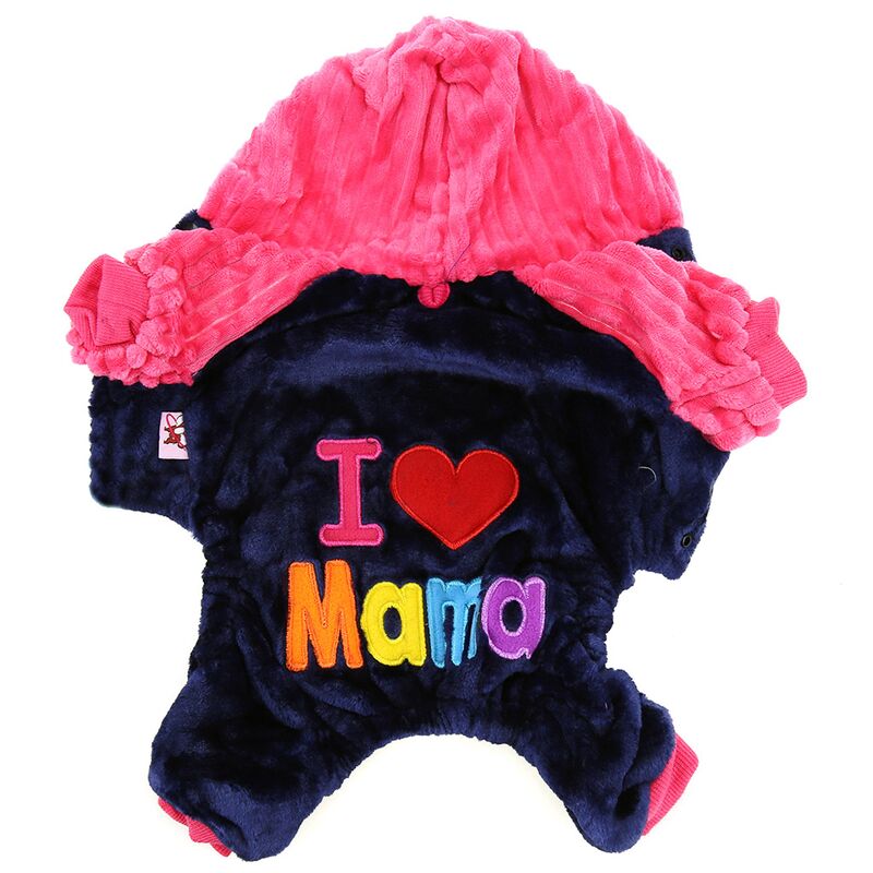 Одежда для собаки Pet toys "Комбинезон" "I ¦ Mama/Papa" с капюшоном, с принтом, на кнопках, р-р XL 43-45см, длина спинки 34см/обхват груди 48см/обхват шеи 34см, цвет-синий с розовым, плюш (100% полиэстер) (Китай)