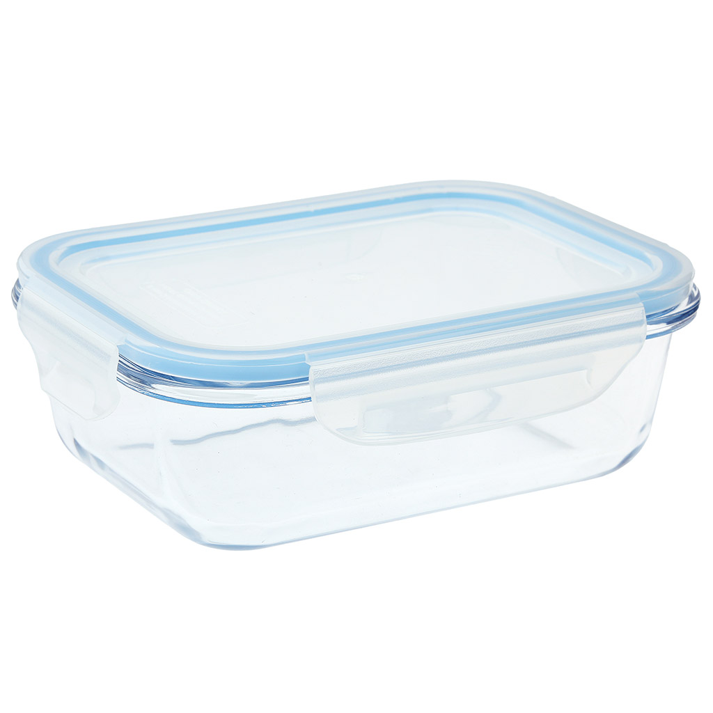 Контейнер стеклянный 0,63л, 17,8х13,3х6,1см, герметичный, крышка из полипропилена, силиконовый уплотнитель, ручки-клипсы, прозрачный, подходит для СВЧ (Россия)