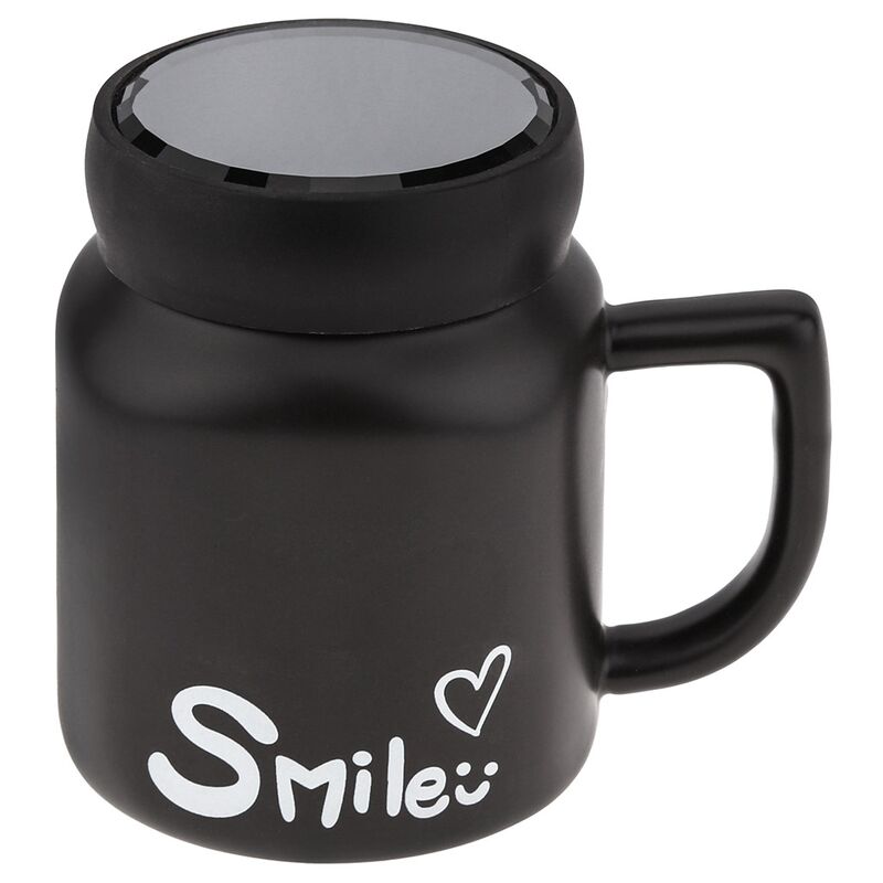 Кружка фарфоровая "Smile" 480мл, 8,7х8,7см h11см, матовая глазурь, с деколью, цвет - черный, пластмассовая, винтовая крышка, герметичная, с силиконовым уплотнителем, д/горла 6,3см, д/основания 6см, в подарочной коробке (Китай)