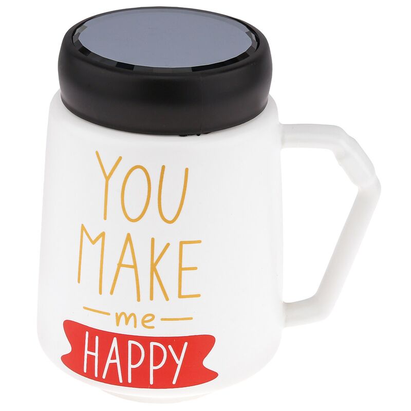 Кружка фарфоровая "Признания" "You make me happy" 600мл, д9,5см h13,3см, матовая глазурь, деколь с золотом, цвет - белый, пластмассовая, винтовая крышка, герметичная, с силиконовым уплотнителем, д/горла 6,6см, д/основания 5,6см, в подарочной коробке (Китай)