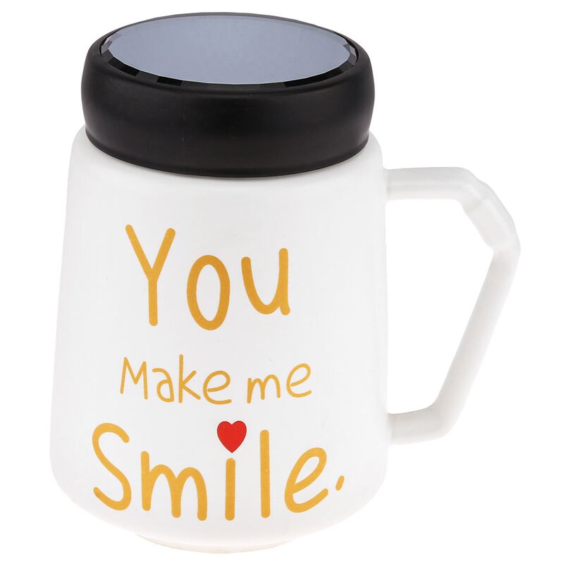 Кружка фарфоровая "Признания" "You make me smile" 600мл, д9,5см h13,3см, матовая глазурь, деколь с золотом, цвет - белый, пластмассовая, винтовая крышка, герметичная, с силиконовым уплотнителем, д/горла 6,6см, д/основания 5,6см, в подарочной коробке (Китай)