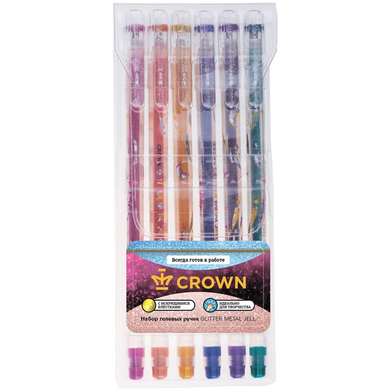 Набор гелевых ручек Crown Glitter Metal Jell 6шт., 6цв., 1,0мм, с блестками, ПВХ уп., европодвес