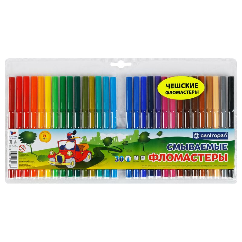 Фломастеры Centropen Washable, 30цв., смываемые, блистер