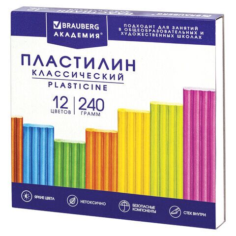 Пластилин классический BRAUBERG АКАДЕМИЯ ХИТ, 12 цветов, 240 г, стек, ВЫСШЕЕ КАЧЕСТВО, 106423