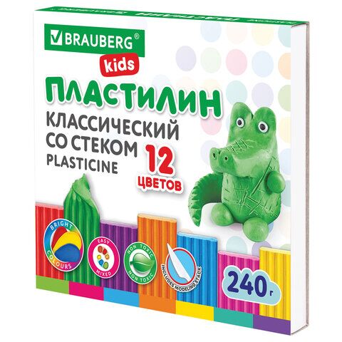 Пластилин классический BRAUBERG KIDS, 12 цветов, 240 г, стек, ВЫСШЕЕ КАЧЕСТВО,106436