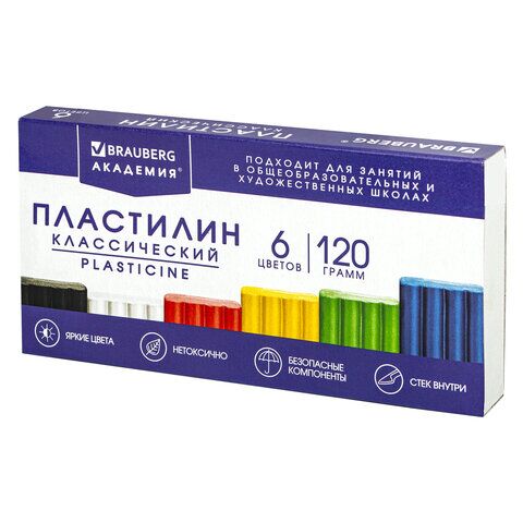 Пластилин классический BRAUBERG АКАДЕМИЯ ХИТ, 6 цветов, 120 г, стек, ВЫСШЕЕ КАЧЕСТВО, 106440