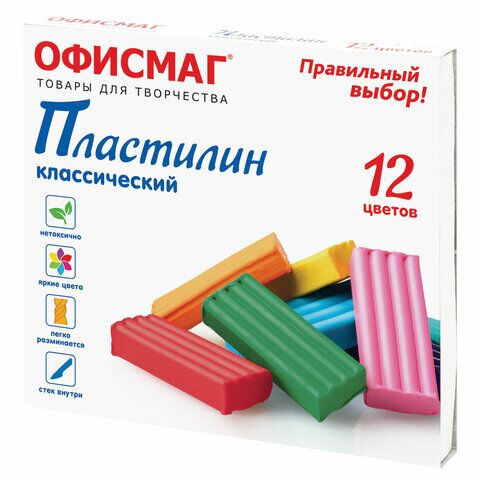 Пластилин классический ОФИСМАГ, 12 цветов, 240 г, СО СТЕКОМ, 106677