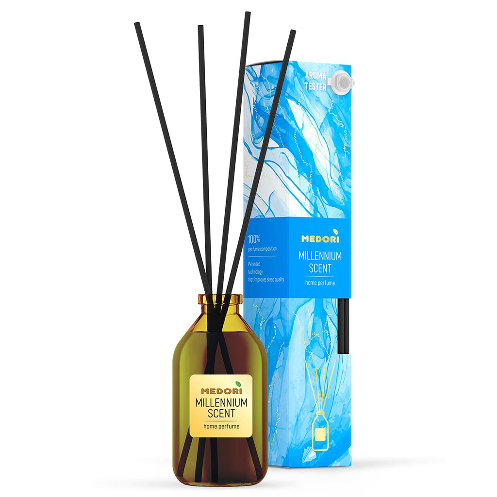 Ароматический диффузор 50мл "Millennium scent" 4х4х21,5см, настольный, стекло, палочки из микрофибры, парфюм, с пробником аромата, в коробке, "Medori" (Россия)