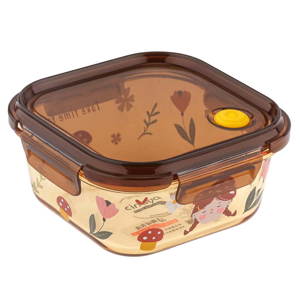 Контейнер стеклянный "Машины мечты" 780мл, 14,8х14,8см h6,3см, боросиликатное стекло, с деколью, цвет - медовый, квадратный, пластмассовая крышка с пароотводом, герметичная, с клипсами, с силиконовым уплотнителем