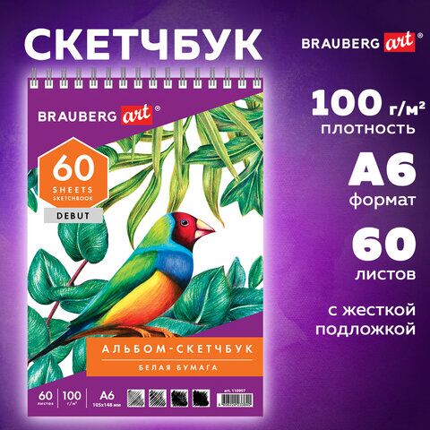 Скетчбук, белая бумага 100 г/м2, 105х148 мм, 60 л., гребень, жёсткая подложка, BRAUBERG ART DEBUT, 110997