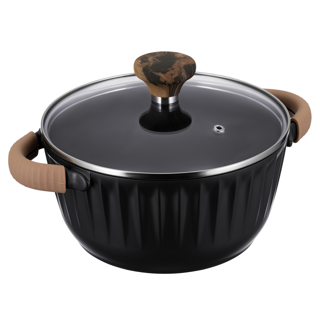 Кастрюля с антипригарным покрытием "Fiamma" 2,6л, д20см, h16см, s1,6мм, дно s4,5мм, литой алюминий, стеклянная крышка, пароотвод, бакелитовая ручка с покрытием "soft-touch", силиконовые съемные ручки-прихватки, капсульное дно, цветная коробка
