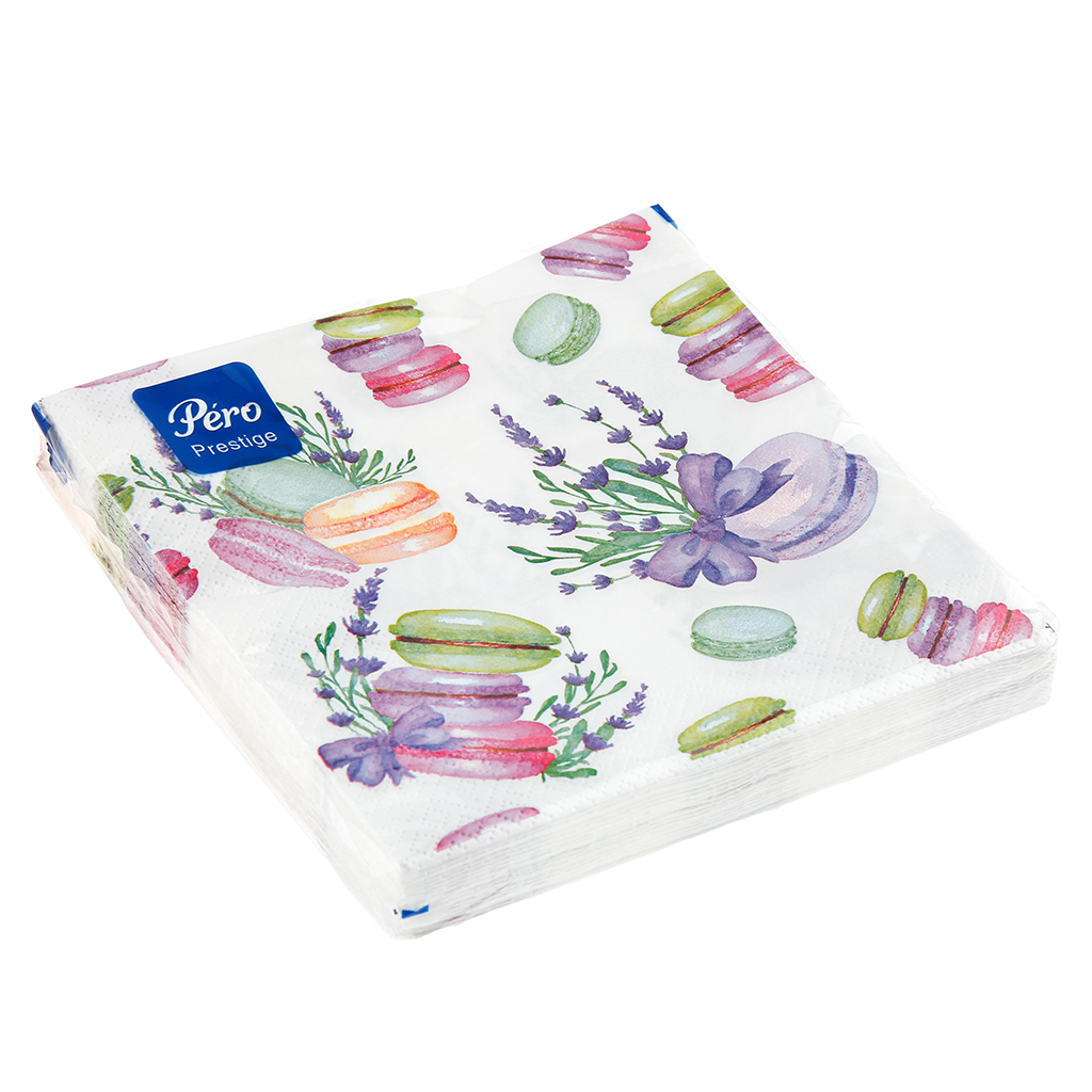 Салфетки бумажные 33х33см "Pero Prestige", 3-х слойные, 20 штук в упаковке, "Макаронсы" (Россия)