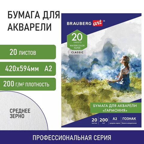 Папка для акварели БОЛЬШАЯ А2, 20 л., ГАРМОНИЯ, зерно, 200 г/м2, ГОЗНАК, BRAUBERG ART CLASSIC, 113211