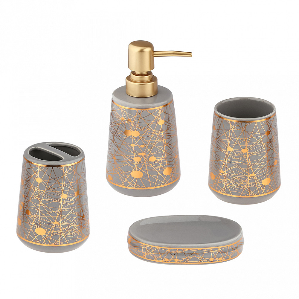 Набор для ванной "Золотые нити" 4 предмета: дозатор для мыла 360мл, мыльница 12х8х2,6см, стакан для зубных щеток с разделителем 350мл, стакан 350мл, фурнитура пластик "под золото", керамика, глянцевая глазурь, серый/золотой "Паутина", в коробке