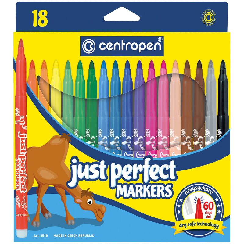 Фломастеры Centropen Just Perfect, 18цв., трехгранные, смываемые, устойч. к высыханию, картон, евр