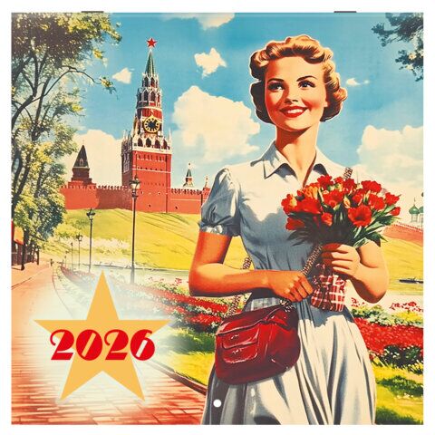 Календарь настенный перекидной 2026 г., BRAUBERG, 12 листов, 28,5х28,5 см, "Советские плакаты"