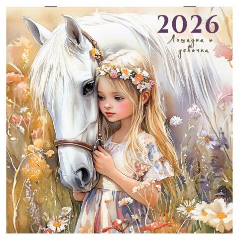 Календарь настенный перекидной 2026 г., BRAUBERG, 12 листов, 28,5х28,5 см, "Лошадка и девочка"