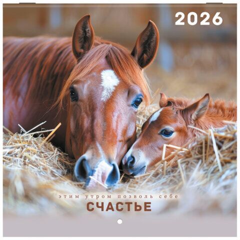 Календарь настенный перекидной 2026 г., BRAUBERG, 12 листов, 21,4х21,4 см, МИНИ, "Благородные лошади"