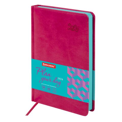 Ежедневник датированный 2026, А5, 138x213 мм, BRAUBERG "Rainbow", под кожу, розовый