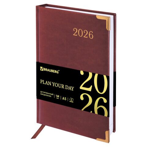 Ежедневник датированный 2026, А5, 138x213 мм, BRAUBERG "Senator", под кожу, коричневый